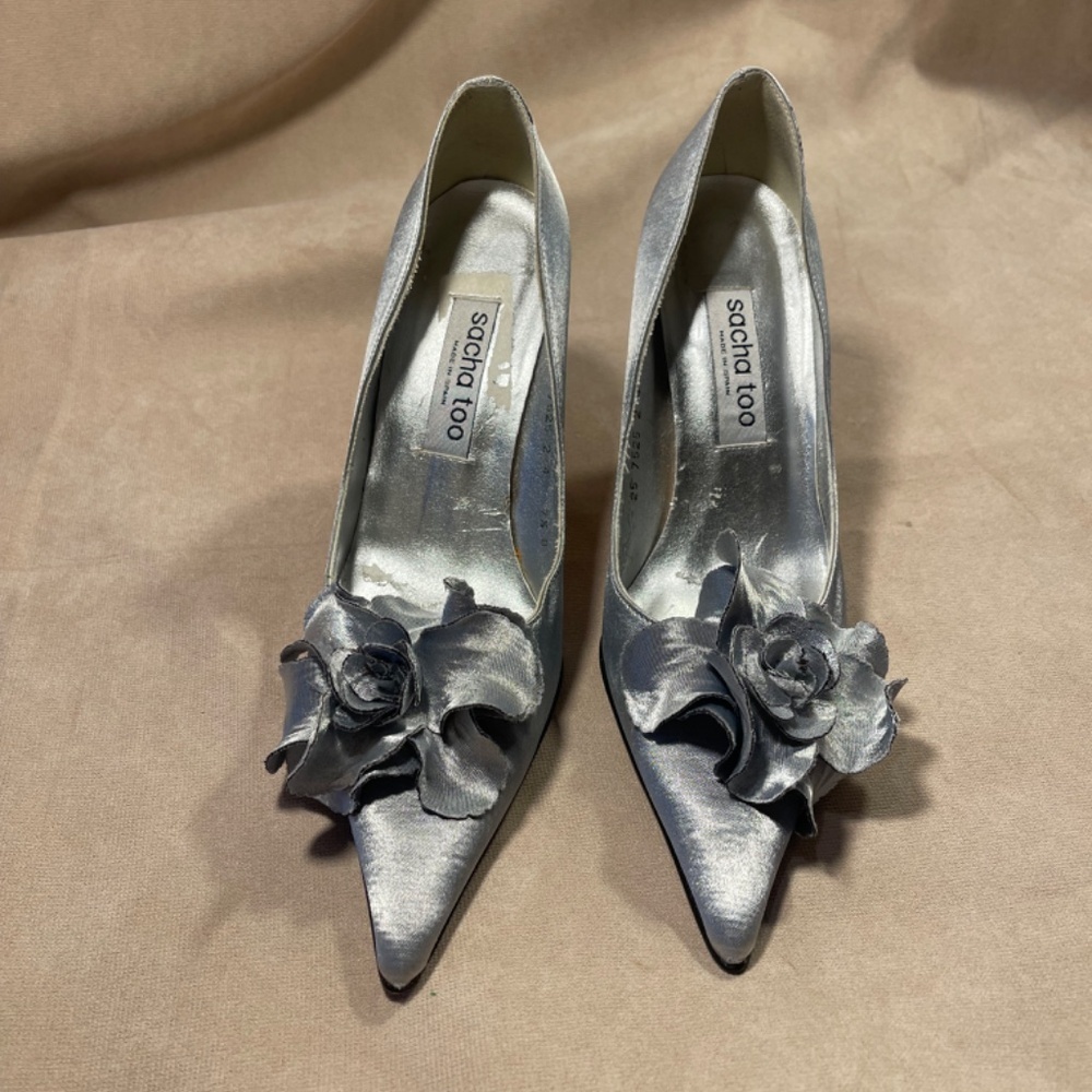 Sacha Too Silver Women's Heels with Floral Accent - Picture 2 of 9